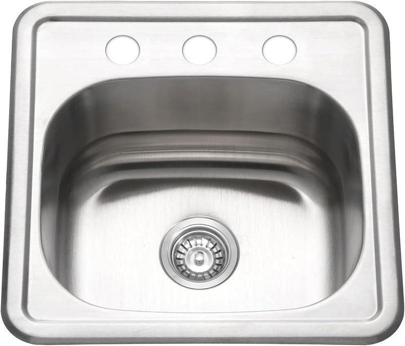 GZOII 15 inch Stainless Steel Bar Sink, 2-hole Single Bowl Topmount Brushed Drop in RV Sink with Drainer - Image 1